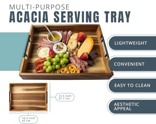 Decorative Serving Tray with Black Handles - Premium Acacia Wood Grain - Impress Your Guests with This Ottoman Tray, Serve Breakfast in Bed, Organize & Declutter - 13 x17 inch by Comfify Comfify