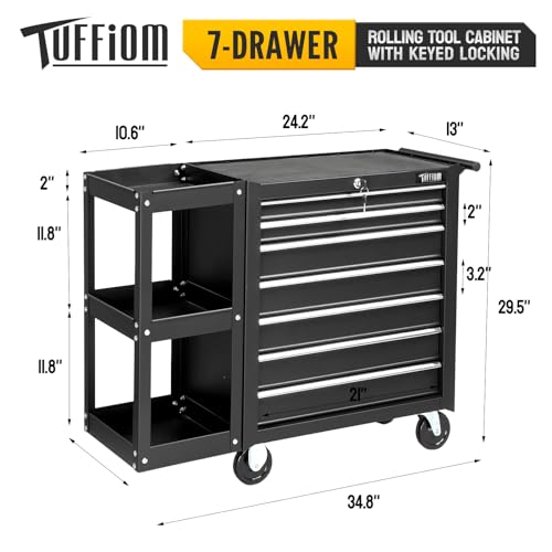 TUFFIOM 7-Drawer Rolling Tool Chest w/Lock & Key, Tool Storage Side Cabinet with Side Shelves Wheels, Top Cushion & Drawer Liners, Tool Organizer Box for Garage, Warehouse & Repair Shop, Black TUFFIOM