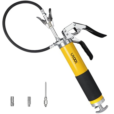 UTOOL Grease Gun, 8000 PSI Heavy Duty Pistol Grip Grease Gun Kit, 14 oz Capacity, 20 Inch Rubber Flex Hose, 1 Patented Double Handle Coupler, 1 Basic Coupler, 1 Needle Nozzle, 1 Hose Swivel, Yellow UTOOL