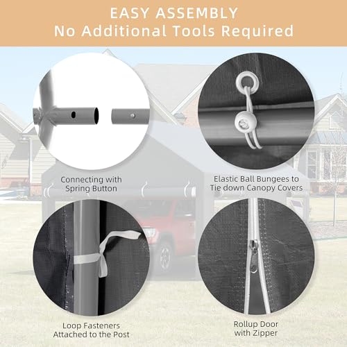 JY QAQA Carport, 12x20 FT Heavy Duty Carport with Roll-Up Window and Sandbags, Portable Garage with Removable Side Walls and Doors, Car Canopy with All-Season Tarp for Cars, Trucks, Boats, Grey JY QAQA PET