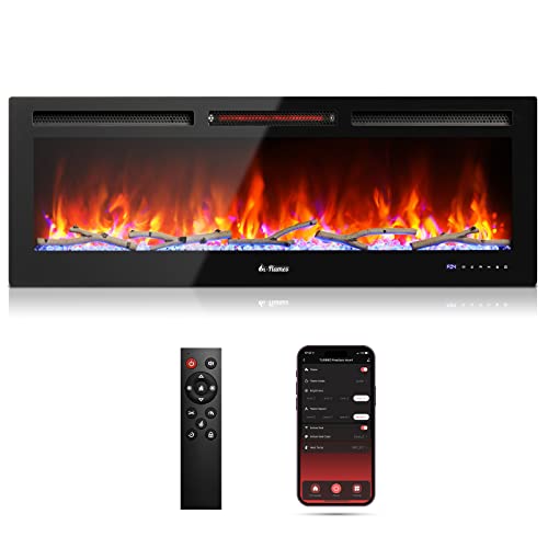TURBRO 50” Smart WiFi Infrared Electric Fireplace with Sound Crackling and Realistic Flame, 1500W Quartz Heater, Recessed or Wall Mounted, Adjustable Flame Effects, Remote Control and App, in Flames TURBRO