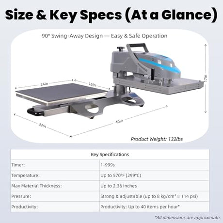 Eonvest 16x24 Manual 90° Swing Away Heat Press Machine with Slide Out Base, 2kw, High Pressure, Designed for Industrial, Small Business, or Home Use. (Grey and Blue, 16x24 Manual) Eonvest