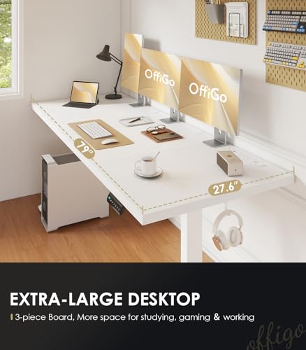 OffiGo 79 Inch Executive Electric Standing Desk, Height Adjustable Desk with Power Outlet & 1.38" Thick 3-Piece Desktop, Sit Stand Computer Desk for Home, Office, Conference Room, White OffiGo