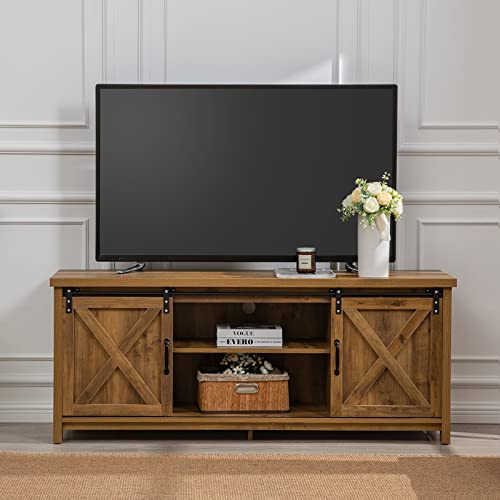 GAZHOME Modern Farmhouse TV Stand with Sliding Barn Doors, Media Entertainment Center Console Table for TVs up to 65”,2-Tier Large Storage Cabinets,Rustic TV Stand for Living Room Bedroom,Bro - WoodArtSupply