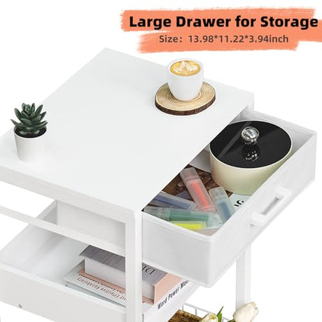Lerliuo White Printer Stand with Fabric Drawer, 3 Tier Industrial Side Table, Modern Small Printer Desk Holder with Storage Shelf,Multi-Functional Bedside Tables for Home Office Fax Machine Scanner Lerliuo