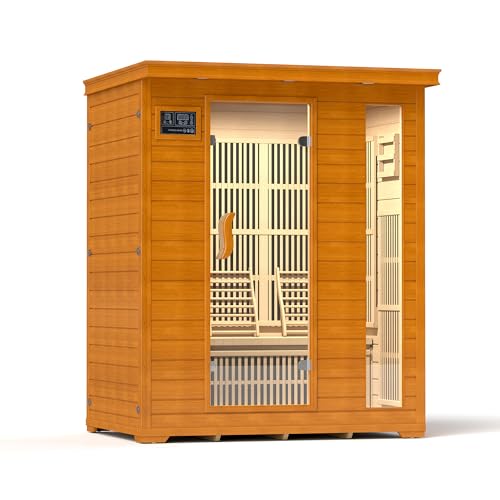 springspa 3 Person Infrared Sauna Indoor Home Sauna, Low EMF Far Infrared Canadian Hemlock Dry Saunas Room with 2 LCD Panels, 2820W/240V 15amp, 7-Color Light Therapy, 60.24"x43.31"x74.8" springspa