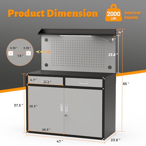 Rumetol 65" Heavy Duty Garage Workbench with Storage Drawers & Pegboard,2000lbs Capacity Metal Work Bench with Lockable Magnetic Cabinets,Adjustable LED Light for Workshop/Garage Rumetol
