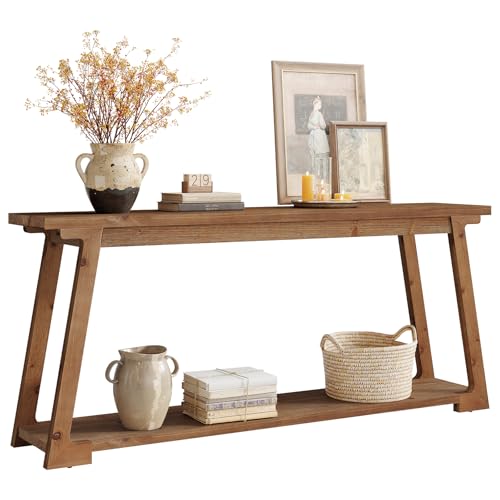 TRIBEWOOD Solid Wood Console Table, 63-Inch Long Couch Table Behind Sofa with 2-Tier Storage, Narrow Entryway Accent Furniture for Living Room, Hallway, Entrance, Foyer (Natural) TRIBEWOOD