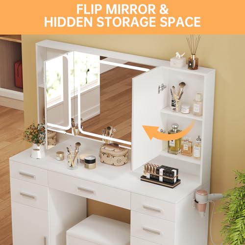 Airynee Vanity Desk with Mirror, 9 Drawers Makeup Vanity Tables with Power Outlet, Tri-Folding & 3 Colors Adjustable LED Lighted Mirror, Vanities Desk Set for Bedroom, Dressing Room, White Airynee