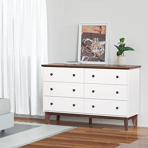 JOZZBY 6-Drawer Double Dresser with Wide Drawers,White Dresser for Bedroom, Wood Storage Chest of Drawers for Living Room Hallway Entryway, 47.25'' W - WoodArtSupply