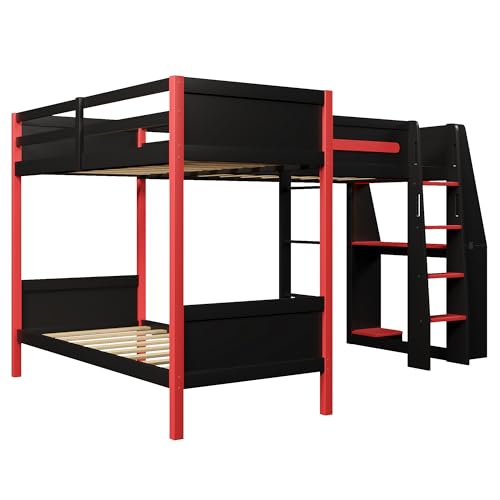 Gaming Triple Bunk Bed with Desk & LED Light & Storage Shelves,Wooden Twin Size L-Shaped Bunk Bed Frame with 3 Beds,Safety Guardrails & Ladders for Gamers Teens Adults,Wood Slat Support,Black Red FUvellamo
