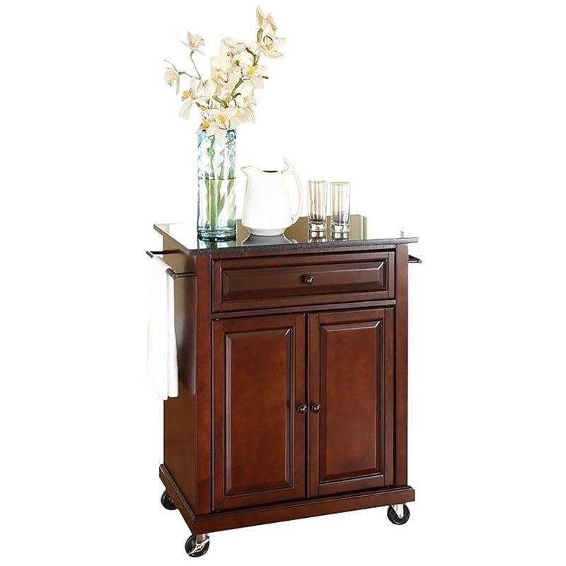 Pemberly Row Traditional Wood Kitchen Cart with Granite Top in Mahogany/Black