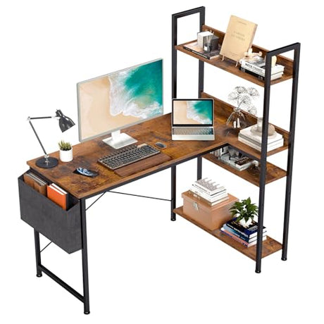 DUMOS L Shaped Desk Corner Computer Table 47 Inch, L-Shaped Gaming Desks with Storage Shelf Reversible, Wood Tables with Side Bag Adjustable Feet for 2 Monitors Small Space Home Office Bedroom, Brown DUMOS