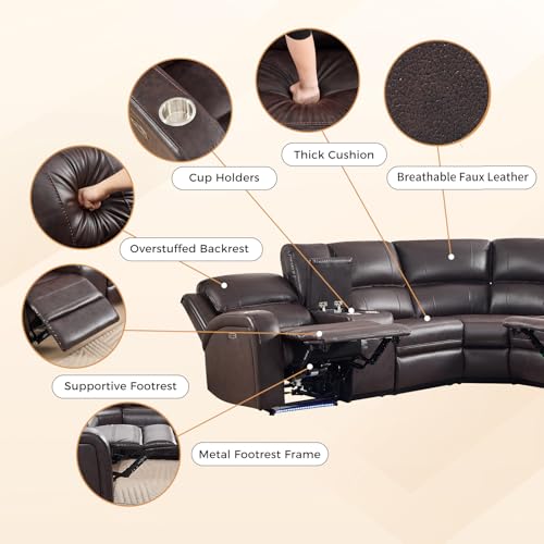 EBELLO Power Reclining Sectional Sofa with LED Light, Faux Leather Sectional Couch for Living Room, Modern Corner Furniture Sets with 2 Recliner Seats, Cup Holders, Storage Console, Brown