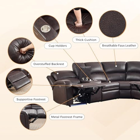 EBELLO Power Reclining Sectional Sofa with LED Light, Faux Leather Sectional Couch for Living Room, Modern Corner Furniture Sets with 2 Recliner Seats, Cup Holders, Storage Console, Brown EBELLO