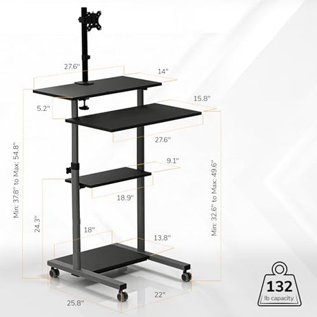 Mount-It! Mobile Computer Cart with Monitor Mount for Screen up to 32", Portable Desk on Wheels, Rolling Laptop Stand Teachers, Office, Classroom, Rise up to 53", Projector, Podium, Keyboard Tray Mount-It!