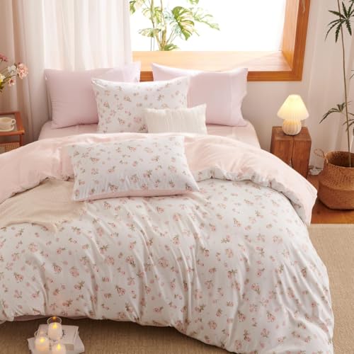 Erwinmu Floral Comforter Set Queen Size - 3 Pieces Pink White Floral Comforter Bedding Sets Reversible Pattern,Queen Bed in a Bag with Flowers Comforter and 2 Pillowcases Erwinmu