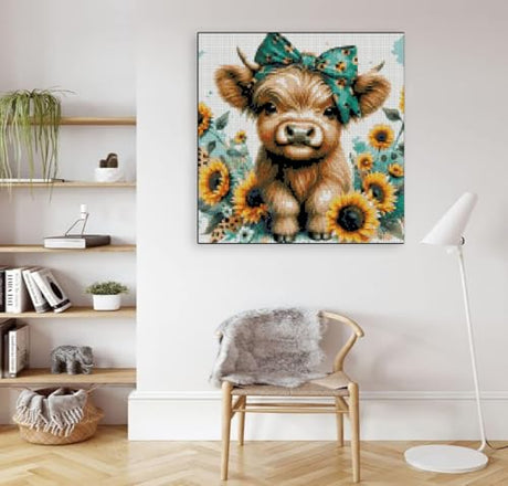 Cow Stamped Cross Stitch Kits for Adults Beginner, Sunflowers Counted Cross Stitch Kits Printed Stitching Cute Patterns Dimensions Needlepoint Art Crafts Embroidery Kits for Adults Beginners TaeYsck
