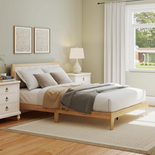 HOMCOM Queen Size Bed Frame with Upholstered Headboard, Platform Bed Frame with Wooden Slats, No Box Spring Needed, Easy Assembly, Natural HOMCOM