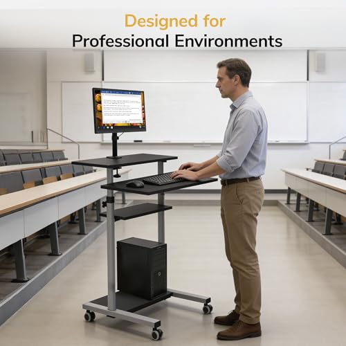 Mount-It! Mobile Computer Cart with Monitor Mount for Screen up to 32", Portable Desk on Wheels, Rolling Laptop Stand Teachers, Office, Classroom, Rise up to 53", Projector, Podium, Keyboard Tray Mount-It!