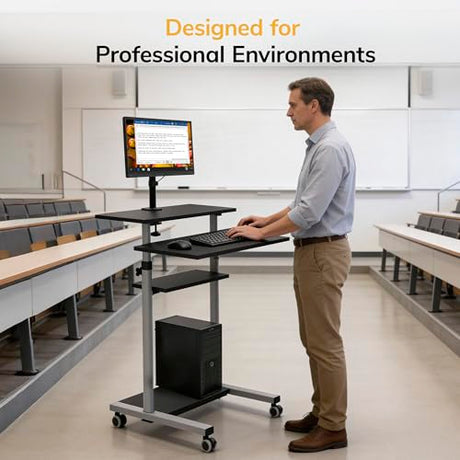 Mount-It! Mobile Computer Cart with Monitor Mount for Screen up to 32", Portable Desk on Wheels, Rolling Laptop Stand Teachers, Office, Classroom, Rise up to 53", Projector, Podium, Keyboard Tray Mount-It!