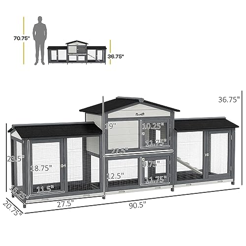 PawHut 90.5" Wooden Rabbit Hutch Bunny Cage Pet Playpen House Enclosure with Double Side Run Boxes, No Leak Tray, Ramp, for Guinea Pig and Small Animals, Light Gray - WoodArtSupply