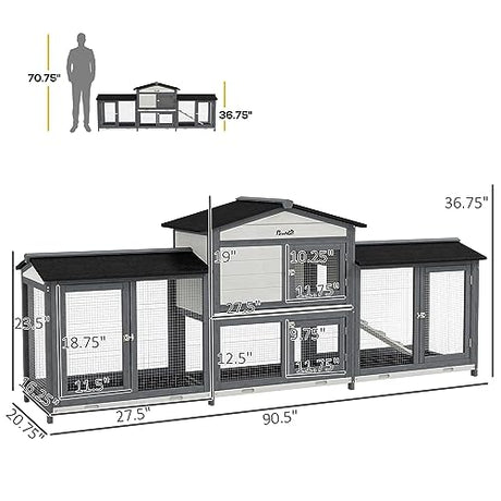 PawHut 90.5" Wooden Rabbit Hutch Bunny Cage Pet Playpen House Enclosure with Double Side Run Boxes, No Leak Tray, Ramp, for Guinea Pig and Small Animals, Light Gray PawHut