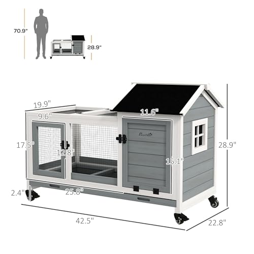 PawHut Indoor Outdoor Wooden Rabbit Hutch with Wheels, Large Bunny Hutch with Run & Slide-Out Tray for Small Animals, Guinea Pig, Gray - WoodArtSupply