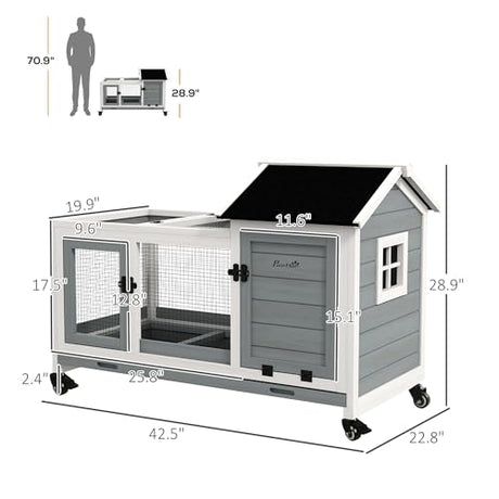 PawHut Indoor Outdoor Wooden Rabbit Hutch with Wheels, Large Bunny Hutch with Run & Slide-Out Tray for Small Animals, Guinea Pig, Gray PawHut