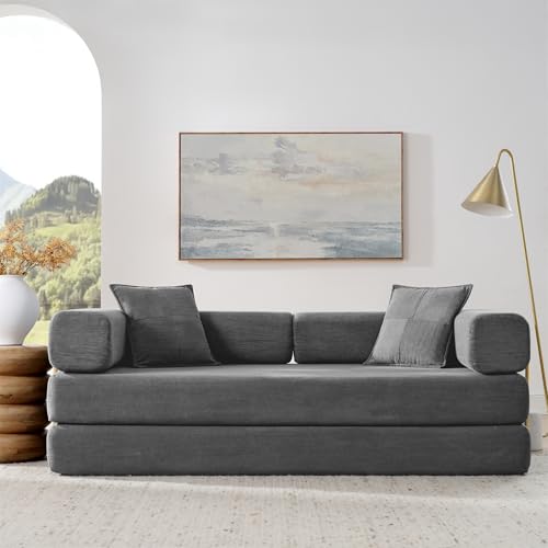 4-in-1 Folding Convertible Sofa Bed, 78 Inch Boneless Couch with Fixed-Shape Frame, Corduroy Loveseat Sleeper with Pull Out Bed, Floor Sofa Modular Futon Couch for Living Room Bedroom Lounge (Grey) ivoros