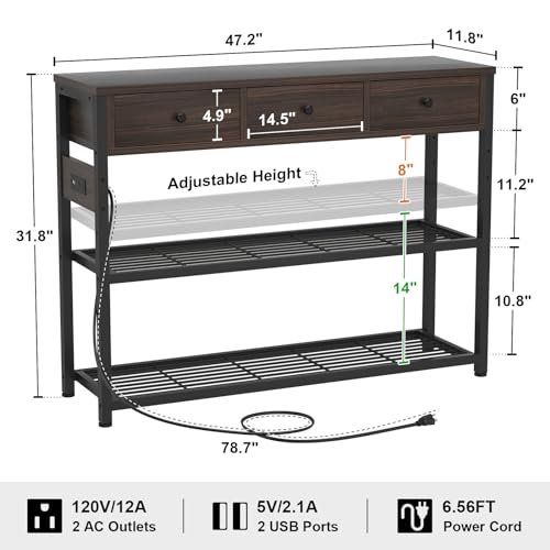 Ecoprsio 47'' Black Walnut Console Table with USB Ports, 3 Drawers & Storage Shelves - WoodArtSupply