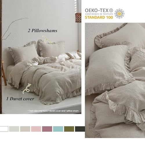 Simple&Opulence 100% Linen Duvet Cover Set, 3 PCS Natural French Flax Ruffle Duvet Cover King Size, Breathable Comfy Linen Bedding Comforter Cover with 2 Pillowcases (Natural Linen, 104" X 92") Simple&Opulence