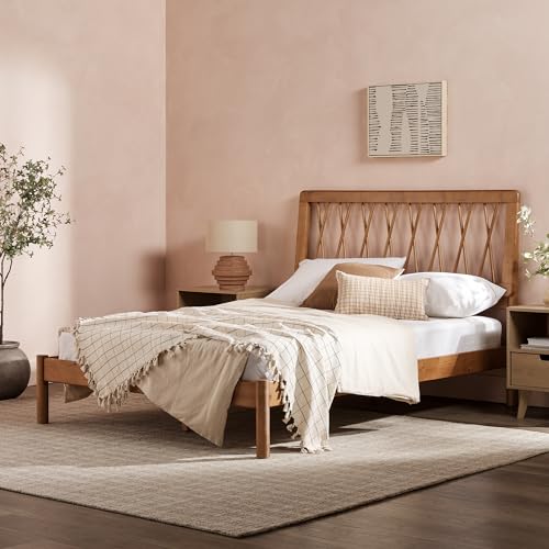 Walker Edison Full Transitional Geometric X Pattern Headboard Solid Wood Bed, Full Size, Caramel Walker Edison