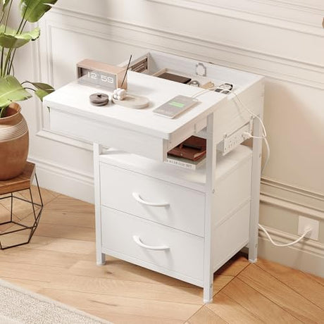 Nightstand Bedside Table Hidden Drawer - Night Stand with Charging Station and Sliding Top Storage, Bed Side Table with 2 Fabric Drawers, Modern Nightstand for Bedroom Dorm Living Room, White Lazzanto