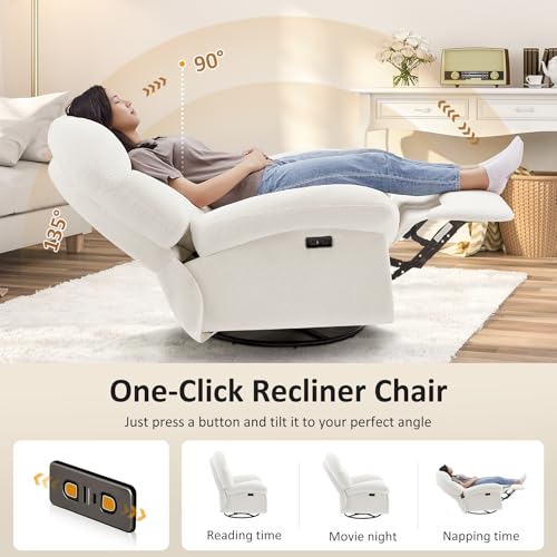 VANOMi Power Recliner Chair with USB & Type-C Charging, 270° Swivel Glider Rocker, Electric Nursery Recliner for Living Room, Bedroom, and Office, White