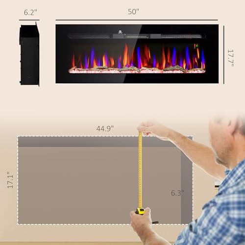 HOMCOM 50" Electric Fireplace Recessed and Wall Mounted with Remote Control, 1500W Fireplace Heater with 8H Timer, Adjustable Flame Color and Brightness, Log and Crystal HOMCOM