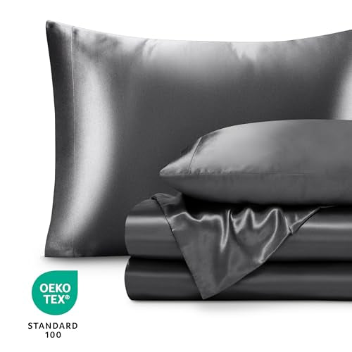 Bare Home Poly Satin Sheet Set - Full Extra Long - Luxury Soft and Smooth Satin - for Hair and Skin - Breathable - Similar to Silk - Deep Pocket up to 15” - Bedding Sheet Set (Full XL, Grey) Bare Home