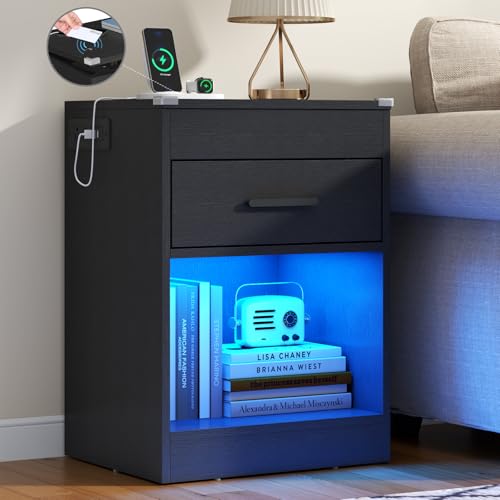 LED Nightstand with Charging Station & RFID Lock Cabinet, Modern Black Bedroom Nightstands with Drawer & Open Storage, Wooden Nightstands for Concealment, Smart Nightstand for Hidden Valuables Storage Gyfimoie