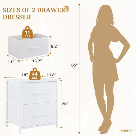 Accver Nightstand, 2 Drawer Dresser Bedside Storage Furniture, Small Dresser with 2 Drawers, End Table with Fabric for Bedroom, Closet, Entryway, College Dorm, White Accver