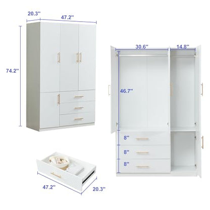 Idealcabin 3 Doors White Modern Wardrobe Armoire Wooden Closet Cabinet with Hanging Rod ShelvesBedroom Clothes Storage Organizer Bathroom Wood Closet with 3 Drawers (20.3" D x 47.2" W x 74.2" - WoodArtSupply