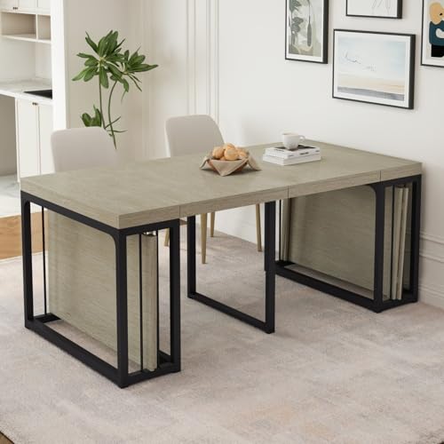 KEIKI 23.62" - 118" L Extendable Foldable Dining Room Table for 2-10 People, Wood Modern Rustic Rectangle Expandable Kitchen Living Meeting Room Furniture, 5 Tabletop Length Options KEIKI