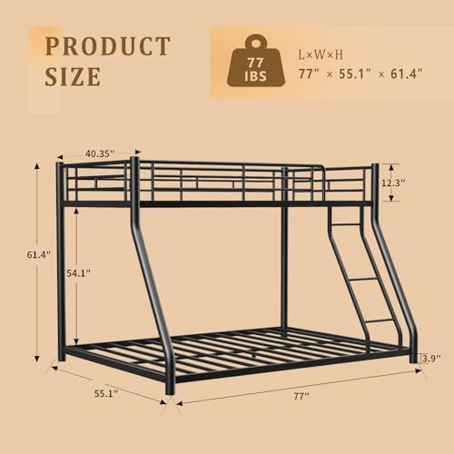 HomJoones Metal Twin Over Full Size Bunk Bed for Adults & Kids,Twin Over Full Bunk Beds, Low Profile Bunkbeds with Length Guardrail and Ladder, No Box Spring Needed,Space Saving HomJoones