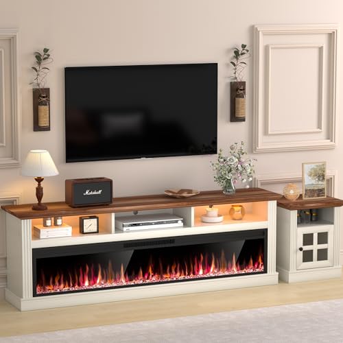 Spurgehom 58" Fireplace TV Stand for TVs Up to 65" with 52" Electric Fireplace,White Entertainment Center,Led Light TV Consoles for Living Room,Farmhouse Media Console Table Spurgehom