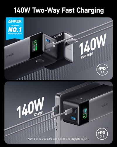 Anker 737 Power Bank, 24,000mAh 3-Port Laptop Portable Charger with 140W Output, Smart Digital Display, Compatible with iPhone 16/15/14/13 Series, Vision Pro, Samsung, MacBook, Dell, AirPods, - WoodArtSupply