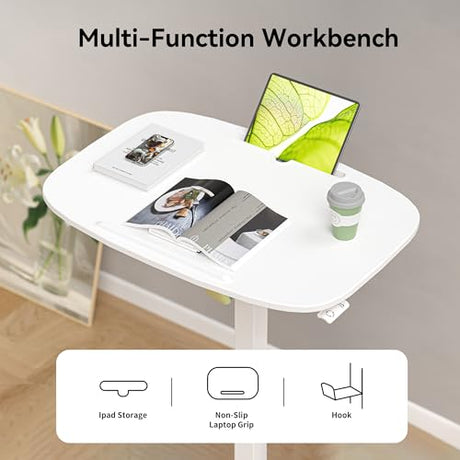 WALKINGDESK Foldable Pneumatic Height Adjustable Mobile Standing Desk with 90° Tiltable Tabletop, 27.2x18.9 Inch Portable Laptop Desk with Wheels, Holds Up to 66.1lbs for Home Office, Study, White WALKINGDESK
