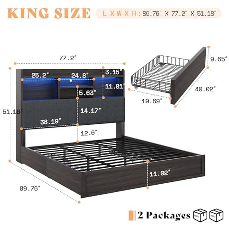 AMERLIFE King Size Bed Frame with 51.2" Tall Bookcase Headboard, Farmhouse Platform Bed with 4 Storage Drawers, Linen Upholstered, Charging Station & Storage, Rustic Black AMERLIFE