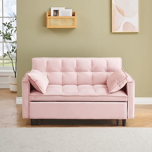 KEIKI Full Size Futon, 3 in 1 Convertible Sleeper with Reclining Backrest, Toss Pillows and Pockets, Small Velvet Loveseat Lounge, Pull-Out for Living Room, Pink KEIKI