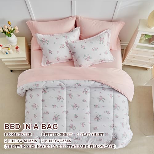 Joyreap 6pcs Bed in a Bag for Girls, Floral Pink Design, Twin Size Microfiber Comforter Sheet Set, Soft Cozy Bedding Comforter Set for All Season Joyreap