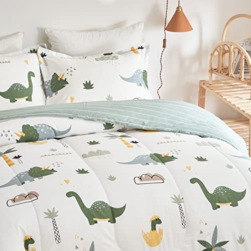 Joyreap Dinosaur Kids Cotton Comforter Set for Boys Girls, Twin Size 3pcs Cotton Bedding Comforter, Fresh Green Dinosaurs on White Design, Skin-Friendly Breathable for All Season- 68x88 inches Joyreap