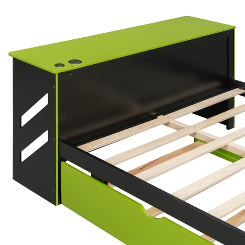 Harper & Bright Designs Full Size Gaming Platform Bed with Desk and Trundle, Wooden Daybed Frame with USB (Green) Harper & Bright Designs